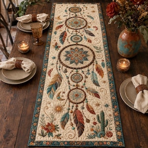 May include: A rectangular quilted table runner featuring a cream-colored fabric base with embroidered dreamcatcher motifs, colorful feathers, cacti, and floral patterns, finished with a dark teal border with small flower accents.
