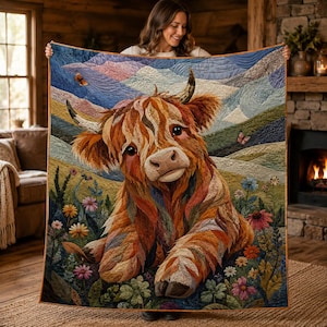 May include: A rectangular quilt featuring a large, textured Highland cow with long, shaggy orange and brown fur. The cow is surrounded by colorful wildflowers and green foliage. The background depicts rolling hills under a blue sky with butterflies.