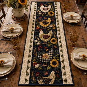 May include: A rectangular quilted table runner featuring a dark blue center panel with five appliqued chickens in various patterns, surrounded by sunflowers, wheat, and eggs, bordered by cream fabric with green triangle accents.