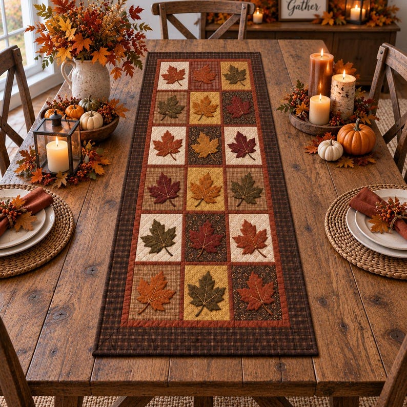 May include: A rectangular fabric table runner featuring a patchwork design of alternating squares. Each square displays an appliqued maple leaf in shades of orange, red, brown, and green against solid or patterned backgrounds with a dark border.