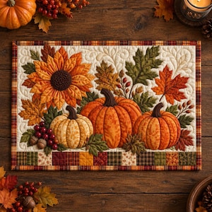 May include: A rectangular quilted table mat featuring an autumn theme with a large sunflower, three orange pumpkins, green and orange fall leaves, and clusters of red berries. The border consists of a patchwork pattern of plaid squares.