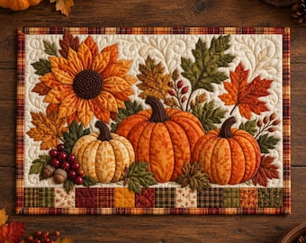 Pumpkin Sunflower Quilted Placemat, Fall Harvest Dining Table Mat