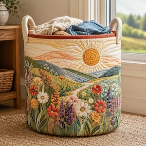 May include: A cylindrical fabric storage basket with two side handles, featuring a quilted landscape design of a sun rising over rolling green hills and a wildflower meadow. The exterior displays embroidered flowers in red, white, and orange.
