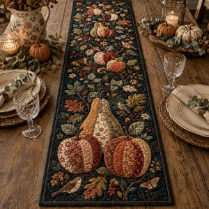 May include: A rectangular fabric table runner featuring a dark navy background with a quilted pattern of autumn-themed motifs including various pumpkins, gourds, oak leaves, small birds, and butterflies in shades of orange, red, gold, and green.