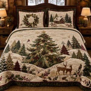 Könnte beinhalten: Eine cremefarbene, gesteppte Tagesdecke und zwei passende Kissenbezüge mit einem großen Weihnachtsbaum in der Mitte, einer verschneiten Waldlandschaft, Hirschen und Stechpalmenbeeren. Ein Kissenbezug zeigt einen Kranz, der andere eine Hütte.