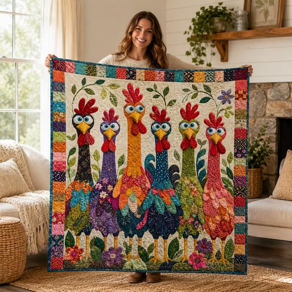 Quilted Whimsical Chicken Blanket, Farmhouse Decor