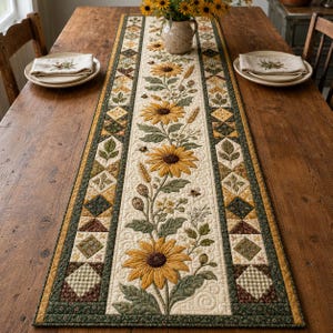 Sunflower Quilted Table Runner, Patchwork Farmhouse Table Decor Linen