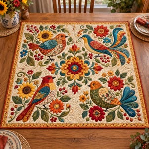 May include: A square quilted table runner featuring a cream background with four colorful birds and large floral motifs in shades of red, yellow, blue, and green. The design includes intricate stitching patterns and a dark orange border trim.