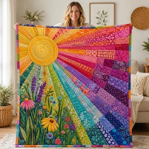 Può includere: Una trapunta rettangolare caratterizzata da un vivace design a sole con raggi radianti in tonalità di giallo, arancione, rosa, viola e blu. La sezione inferiore raffigura una scena di giardino con lavanda viola, echinacee rosa e margherite.