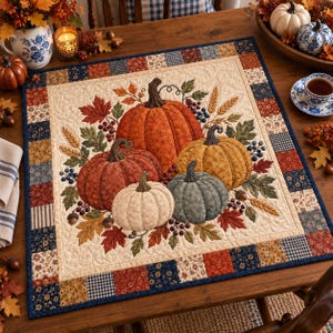 May include: A square quilted table topper featuring a central appliqué of four pumpkins in orange, yellow, cream, and blue, surrounded by autumn leaves, wheat stalks, and berries, framed by a patchwork border of various floral and plaid fabrics.