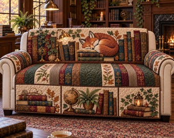 May include: A sofa cover featuring a quilted design with a sleeping fox on a stack of books, vintage globes, lanterns, and botanical motifs in shades of cream, forest green, burgundy, and brown, with a detailed library-themed print throughout.