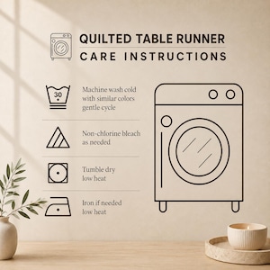 K&ouml;nnte beinhalten: Eine grafische Anleitung mit dem Titel Quilted Table Runner Care Instructions. Sie enth&auml;lt Symbole f&uuml;r Maschinenw&auml;sche bei 30 Grad, chlorfreie Bleiche, Trocknen bei niedriger Temperatur und B&uuml;geln bei niedriger Temperatur sowie eine Waschmaschine.
