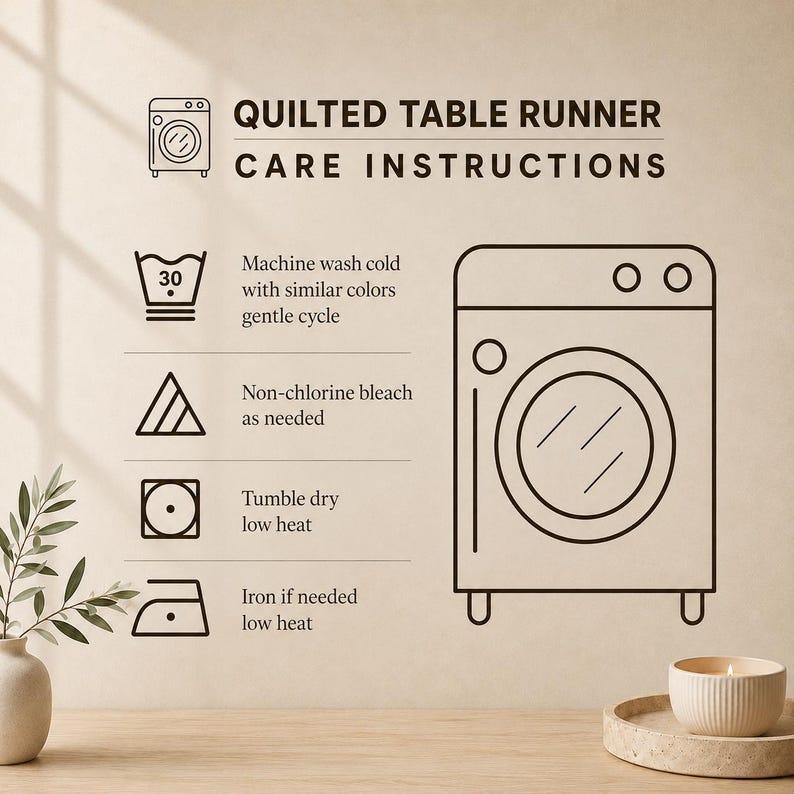 K&ouml;nnte beinhalten: Eine grafische Anleitung mit dem Titel Quilted Table Runner Care Instructions. Sie enth&auml;lt Symbole f&uuml;r Maschinenw&auml;sche bei 30 Grad, chlorfreie Bleiche, Trocknen bei niedriger Temperatur und B&uuml;geln bei niedriger Temperatur sowie eine Waschmaschine.