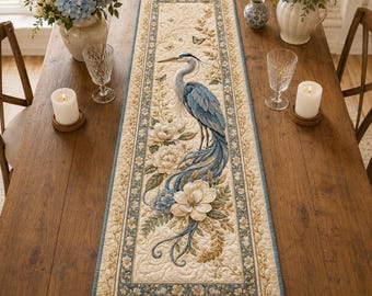 Blue Heron Quilted-Style Table Runner, Coastal Botanical Floral Decor