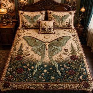 May include: A quilted bedding set featuring a large central luna moth, fern fronds, and floral motifs in shades of sage green, cream, and deep red. The set includes two rectangular pillow shams and one square accent pillow with a crescent moon design.