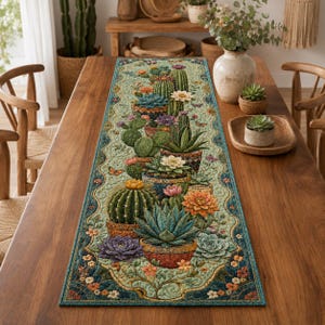 Succulent Cactus Quilted-Style Table Runner, Southwestern Botanical Dining Decor