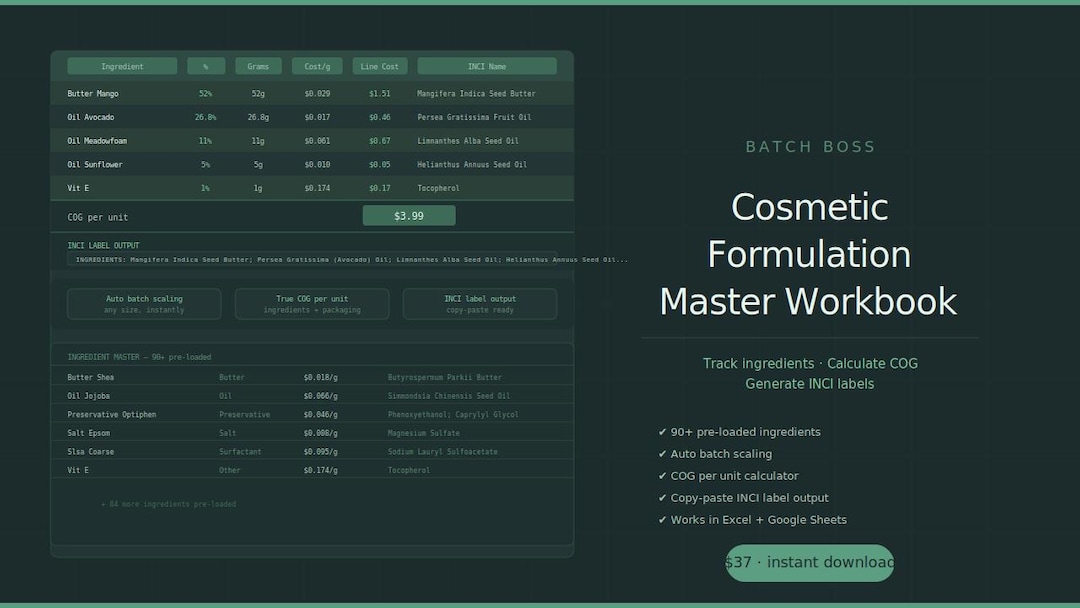 Cosmetic Formulation Master Workbook | Bath Body Beauty COG Calculator ...
