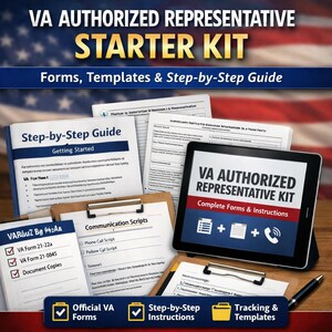 May include: A VA Authorized Representative Starter Kit featuring a collection of printed forms, templates, and a step-by-step guide. The kit includes a tablet displaying the kit title, a clipboard with communication scripts, and various documents.