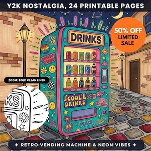 Peut inclure: Un distributeur automatique sarcelle avec des bordures roses, orné d'autocollants incluant des signes de paix, des smileys et des fleurs. La machine affiche le texte DRINKS et SCOOL DRINKS. Un encart circulaire montre un gros plan du trait.