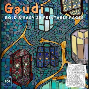 May include: A digital coloring book featuring 25 printable pages with a stained glass mosaic pattern inspired by Gaudi architecture. The design includes intricate geometric shapes in shades of blue, teal, and gold, with a small PDF icon visible.