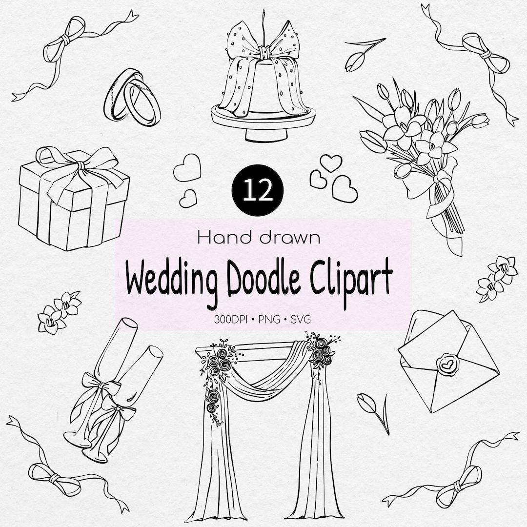 Wedding Doodle Clipart Bundle, Hand Drawn Bridal Elements, PNG SVG ...