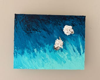 Handmade Coastal Canvas Art - Whispering Reef - Original Coastal Painting with Real Coral & Shells - 9x12 Gallery Wrapped Wall Art
