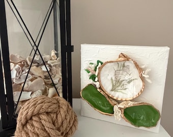 Salt & Sage - 8x8 textured canvas with shells, seaglass and coral