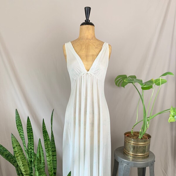1970s Semi Sheer Nightgown, Seventies Ilise Stevens Nightie, Grecian Style Lingerie, Soft Floral Print Night Dress, Empire Waist Sleep Gown