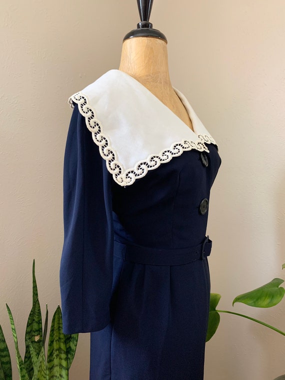 1950s Navy Dress, Fifties Dress with Large Collar, La… Gem