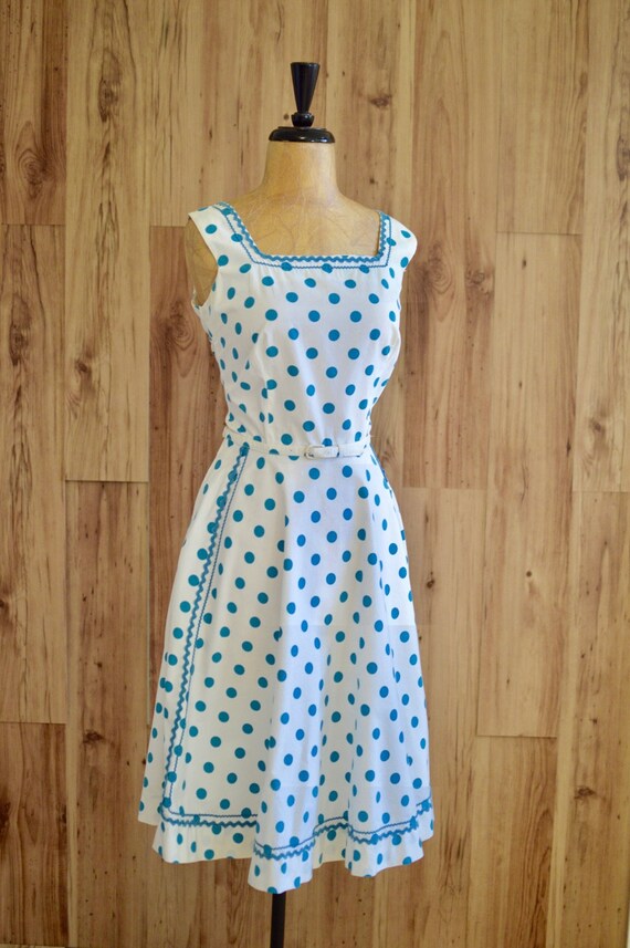 1950s Polka Dot Sun Dress, Fifties Big Blue Dots Dres… - Gem