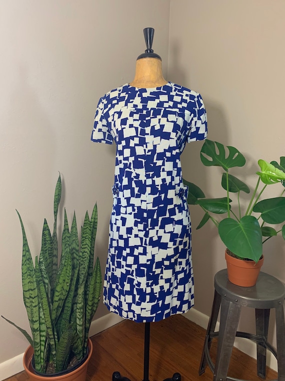 1970s Abstract Print Dress, Seventies  Mod Blue &… - image 1