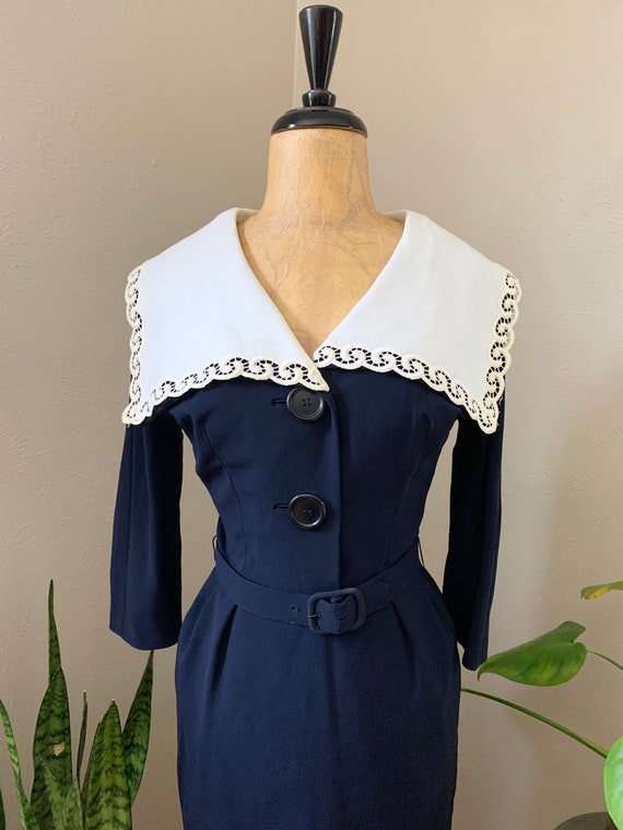 1950s Navy Dress, Fifties Dress with Large Collar, La… Gem
