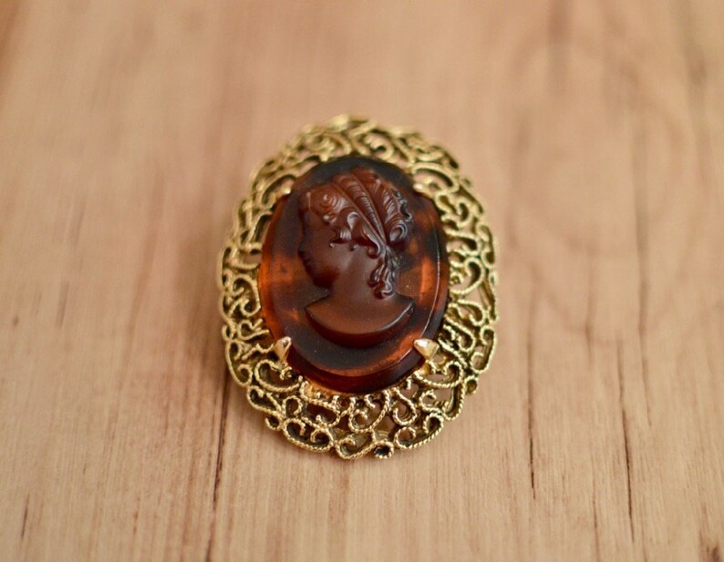 Vintage Cameo Jewelry Large Cameo Pin 1960s Cameo Brooch Sixties Tortoiseshell Glass /& Brass Filigree Brooch Retro Costume Jewelry