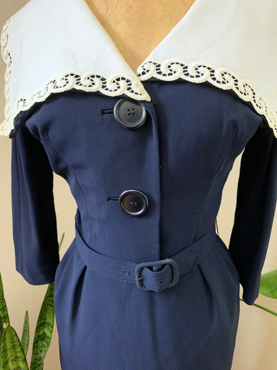 1950s Navy Dress, Fifties Dress with Large Collar, La… Gem