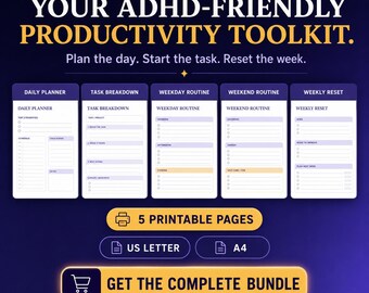 ADHD Productivity Bundle, Daily Planner, Task Breakdown, Morning Checklist (PDF Download)