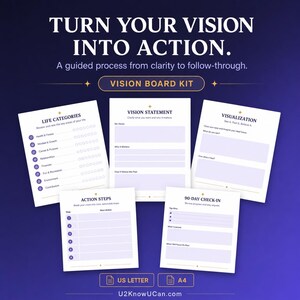Puede incluir: Un kit de tablero de visión con cinco hojas blancas imprimibles con texto azul oscuro. Las hojas incluyen Life Categories, Vision Statement, Visualization, Action Steps y 90-Day Check-In. El texto dice Turn Your Vision Into Action.
