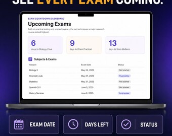 Notion Exam Prep Dashboard, Spaced Review, Self Quiz Tracker (Digital Download)