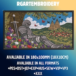 Puede incluir: Un diseño de bordado de RGARTEMBROIDERY con un caballero con armadura descansando bajo un árbol con una espada, flores, mariposas y un pueblo lejano. El texto indica un tamaño de 180x100mm (18x10cm) y formatos PES, DST, JEF, EXP, HUS, SEW, VIP, VP3, XXX.