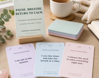 30 tarjetas de afirmaciones para la ansiedad y la calma, tarjetas de mindfulness para aliviar el estrés y los pensamientos excesivos, descarga digital imprimible para el bienestar mental.