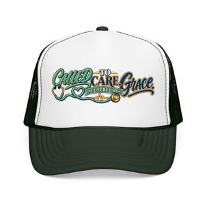 May include: A white and black trucker hat featuring a graphic design with the text "CALLED TO CARE" and "COVERED BY GRACE" in blue and green lettering, accompanied by a green stethoscope illustration that forms a heart shape and a heartbeat line.