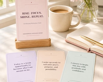 30 tarjetas de afirmaciones para motivar la mañana, mentalidad positiva y ánimo diario para imprimir, descarga digital para el autocuidado.