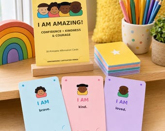 30 tarjetas de afirmaciones imprimibles para niños, tarjetas de confianza, bondad y coraje "Yo soy", descarga digital para el rincón de la calma en el aula.