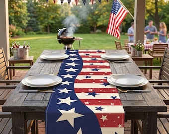 Patriotic Table Runner for Outdoor BBQ | 4th of July Table Decor | Red White and Blue Stars Tablecloth | USA Independence Day Summer Party