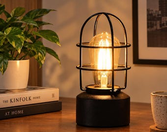 Vintage Industrial Table Lamp, Black Metal Cage Lamp, Dimmable Bedside Lamp, Rustic Farmhouse Home Decor, Nightstand Lamp