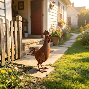 May include: A rust-colored metal rooster garden sculpture standing on a stone path. The figure features a detailed comb, a prominent beak, and layered wing feathers. The surface has a weathered, oxidized finish, and the sculpture is positioned in profile, facing right, with thin metal legs and feet.
