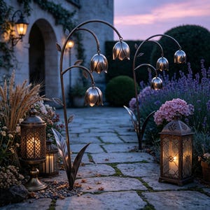 May include: Two tall, arched metal garden stakes shaped like lily of the valley flowers with metallic petals, accompanied by two ornate, rectangular metal lanterns with lattice patterns, each containing a glowing candle on a stone pathway.