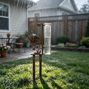 May include: A rust-colored metal rain gauge featuring a decorative hummingbird and flower design. The clear cylindrical tube is marked with measurements up to 5 inches, held by a vertical stake structure designed for placement in a garden.