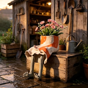 Può includere: Un vaso in ceramica a forma di figura con gonna, gambe e piedi penzolanti, caratterizzato da strisce arancioni e bianche. Il vaso contiene un bouquet di fiori rosa e poggia su una cassa di legno, con un annaffiatoio in metallo accanto.