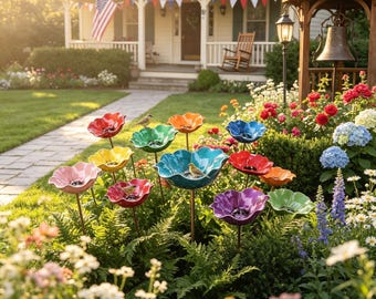Flower Shaped Bird Bath Garden Stake, Rustic Yard Art,Bird Feeder Bowl,Outdoor Floral Water Dish for Birds, Pollinator Friendly Garden Decor