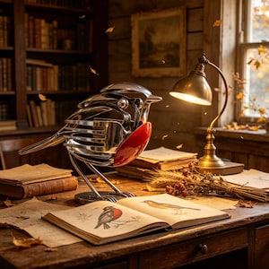Robin-Skulptur aus Altmetall, Vogel aus recyceltem Besteck, rustikale Gartendekoration, handgefertigtes Geschenk aus wiederverwertetem Besteck für die Terrasse